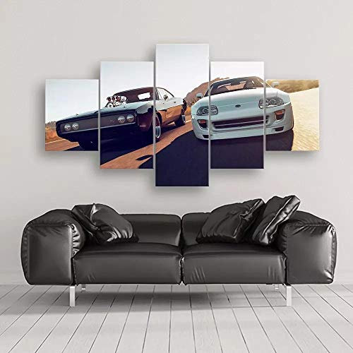 PWJFD Bilder 5 Teilig Leinwandbilder Film Fast Furious Sportwagen Rennwagen XXL Wanddekoration Design Wand Bild Modern Wandbilder Kunstdruck Wohnzimmer Home Dekorative Geschenke