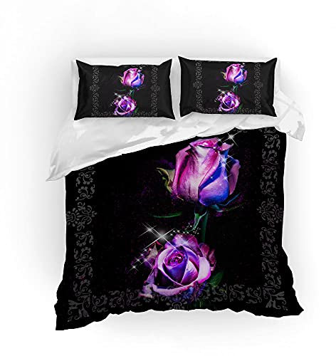 LWLFC Bettwäsche 240X220 Lila Rose Bettbezug Set 3D,Bettwasche gebürstet Microfaser Bettbezug mit Reißverschluss und 2 Kissenbezug 80X80cm,Bettbezug Kinder,Bettwäsche-Sets Modern