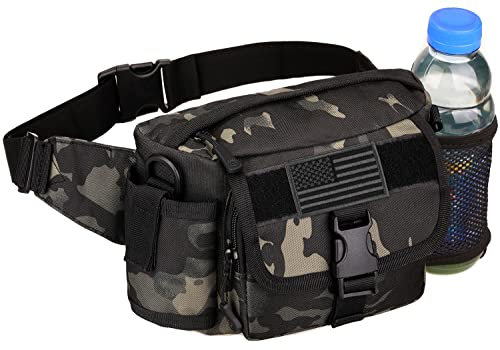 Taktische Bauchtasche mit Netz-Wasserflaschenhalter, Militär, Laufen, Hüftgurt, Molle-Armee-Lendenwirbeltasche (1 Patch im Lieferumfang enthalten), Schwarz