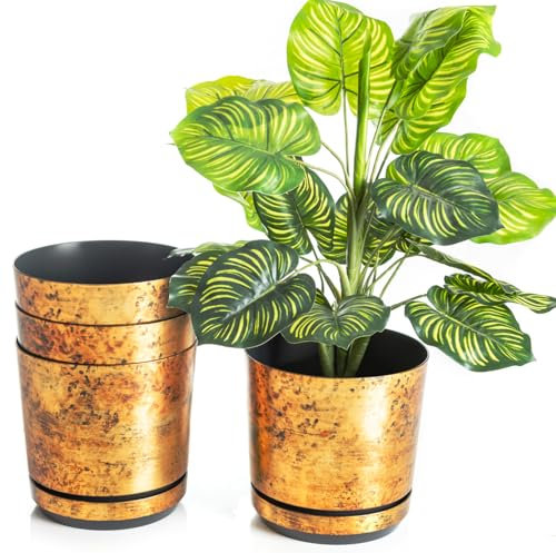 KORAD Set di 4 vasi con sottovaso di diametro 16 cm modello 033 - Ruggine; glamour; moderno, alta brillantezza, stile classico, rustico, loft, per piante, erbe, fiori e composizioni vegetali.