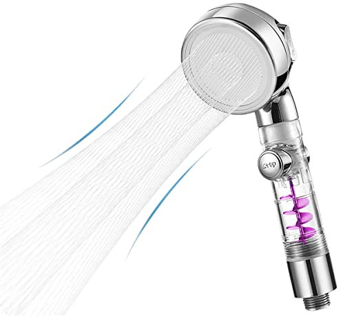 Rusoz Propeller Driven Handheld Shower Head, Power Turbo Shower Head 3 Modes Hydro Shower Head Built in High Pressure Fan with Stop Button, Silver