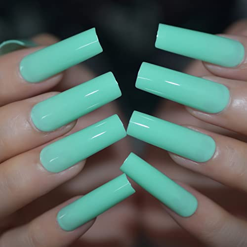 Mint Green Solid Color Press On Nails Extra Long Square Fake Nails Glossy Full Cover Acrylic Woman Prom Party 24 pcs/kit