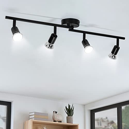 wowatt Focos LED Interior Techo, Lampara Focos Techo con 4x Bombillas GU10 5W 420LM, Lamparas de Techo Negra 6000K Blanco Frío, Plafón LED Techo Giratorios para Cocina, Dormitorio, Pasillo