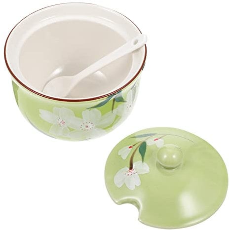 HEMOTON Terrarium Sugar Bowl Porcelain with Lid and Spoon, Ceramic Sugar Storage Jar, Sugar Salt Pot Seasoning Canister Suit for Coffee Bar, Restaurant, Home, Kitchen, Green Food Containers