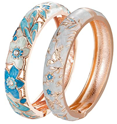 Wynameleri 2er-Set Emaille-Armreifen für Damen mit Naturmotiven | Zwei abgestimmte Designs je Set, seitlich aufklappbar, florale und dekorative Muster, verschiedene Farbvarianten