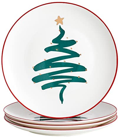 Swuut Platos de cena de porcelana de hueso de Navidad - Platos de postre - Juego de 4 platos de ensalada, aptos para lavavajillas (árbol, 10 pulgadas)