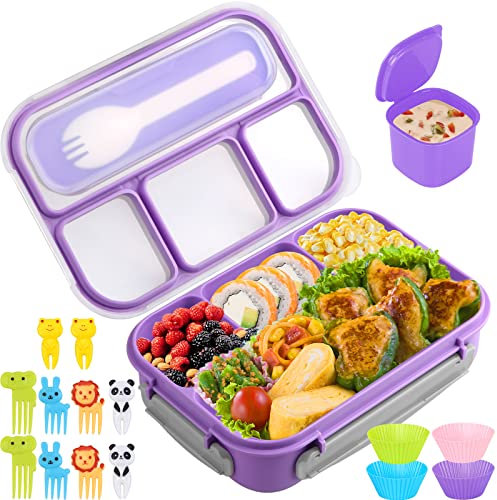 Bento Box, contenitore per il pranzo per bambini, 1300 ml, con 4 scomparti e stecchini per torte, contenitori per adulti/bambini/bambini, a prova di perdite, adatto a microonde, lavastoviglie
