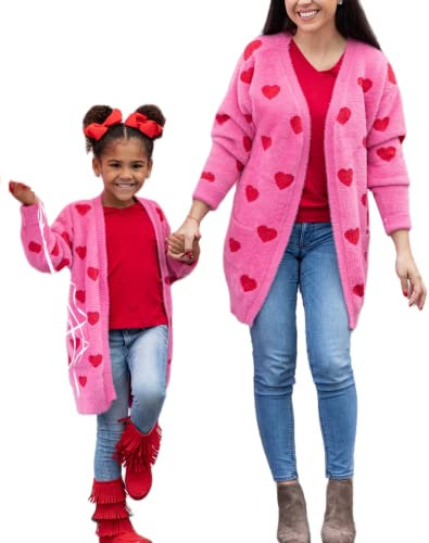 Loalirando Schönes Mutter Tochter Strickjacke Herz Matching Outfits Familien Kleidung Warm Cardigan Sweater mit Taschen (Mom, Rosa, XL)