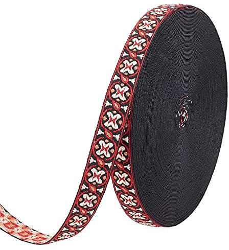 FINGERINSPIRE 18.3m 11mm Rot Schwarz Vintage Jacquard Band Weiß Floral Schmetterling Muster Bestickt gewebt Trim Ethnic Retro Jacquard Trim für Nähen, Verschönerung Craft Supplies