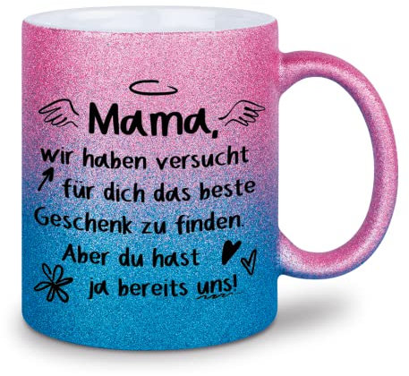 glitzertassen.de® |Mama ich hab versucht für dich das beste Geschenk zu finden... | Tasse mit Glitzer | Geschenkidee | Muttertag | Lustige Sprüche | Mama | Kaffeebecher | Keramik | 330 ml | Roséblau