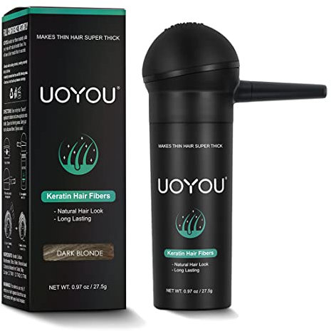 UOYOU Hair Fibres DARK BLONDE 27.5g with Pump Applicator – Natural Keratin Hair Building Fibers for Thinning Hair – Undetectable, Sweat- & Wind-Resistant Concealer for Men & Women