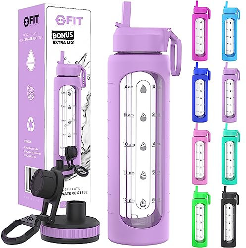 Botella de agua de vidrio de 32 onzas con marcador de tiempo y funda de silicona, tapa extra, botellas de agua de vidrio motivacionales, reutilizable, boca ancha, a prueba de fugas, botella de vidrio