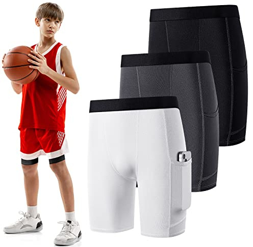 Handepo 3 Pack Youth Boys Compression Shorts with Side Pockets Performance Base Layers Athletic Underwear Workout for Kids (Large)