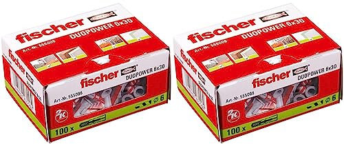 fischer DUOPOWER 6 x 30, Universaldübel, leistungsstarker 2-Komponenten-Dübel, Kunststoffdübel zur Befestigung in Beton, Ziegeln, Stein, Gipskarton uvm., ohne Schrauben, 100 Stück (Packung mit 2)
