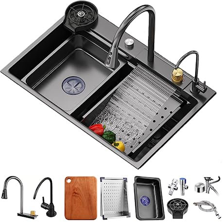 Spüle, Einzelbeckenspüle aus Edelstahl 304, Küchenspüle, schwarzes Quadrat, Flying Rain-Spüle, Flying Rain-Wasserfall, Unterbau-Arbeitsplatzspüle mit herunterziehbarem Wasserhahn, Tassenwaschmaschine,