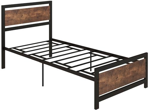 HOMCOM Cadre en Acier lit Simple 97 x 195 x 103 cm Design Industriel - tête, Pied et sommier - Compatible Matelas 90 x 190 cm - Aspect Bois avec veinage