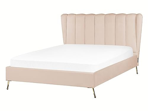 Beliani Polsterbett Samtstoff beige mit USB-Anschluss goldene Beine 140x200 cm MIRIBEL