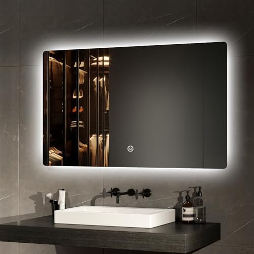 EMKE Miroir Salle de Bain avec Eclairage, 100x60cm,Interrupteurs Tactiles+Lumière Blanche Froide 6500K+Fonction mémoire,Miroir Salle de Bain à Rétroéclairage LED