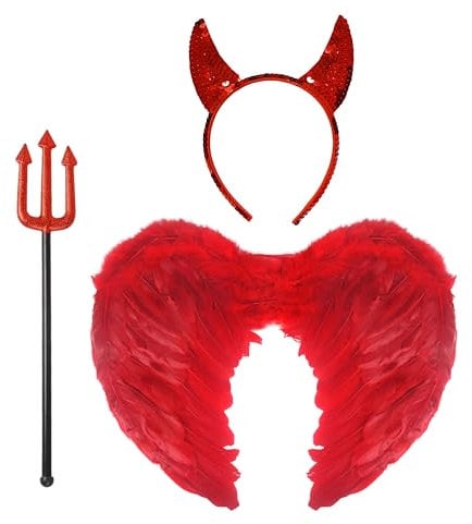 Lizzy 3pc Devil Costume Women Girls | Red Angel Wings Red Devil Horns and Fork Trident Devil Set Fancy dress Costume accessory Devil Pitchfork and Devil Headband