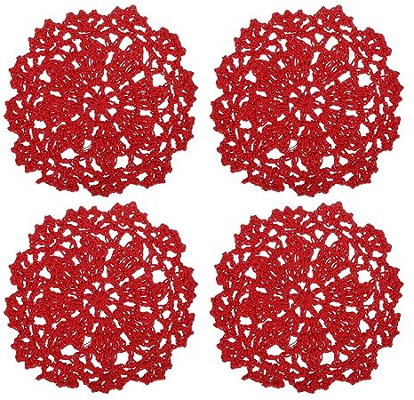 QUARKZMAN 4Stk Stoff Untersetzer 4 - Baumwolle Gewebte Häkeln Deckchen Spitze Stickerei Tasse Matte mit Blumig Muster für Hochzeit Party Dekoration (Rot)