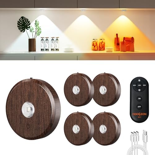MEKKLEON Vitrinenbeleuchtung LED kabellos, CCT, Aufladbar, Dimmbar, Holzoptik, 5 Stück