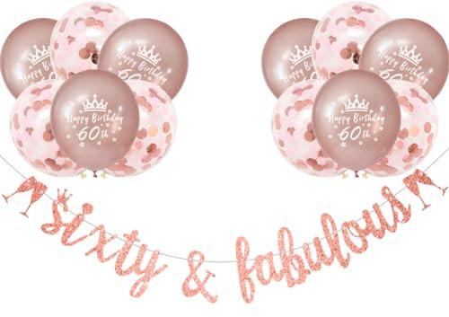 Rose Gold 60th Birthday Decorations Women Sixty and Fabulous Rose Gold Glitter 60thBirthday Banner Happy 60th Birthday Balloons Confetti by RichMoho