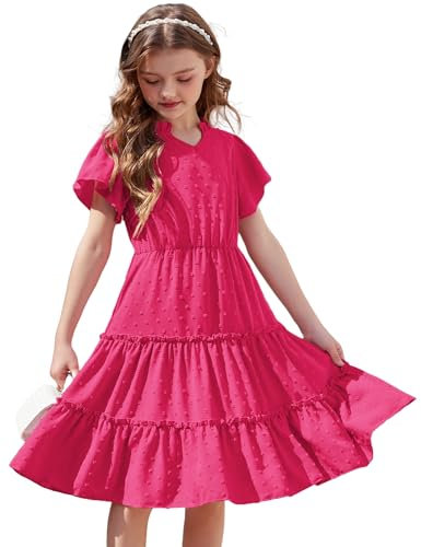 Arshiner Vestido de Niñas Vestido de Manga Corta de Lunares Suizos Vestido Festivo de Gasa Vestido de Verano A-Line Vestido de Fiesta Infantil Vestido de Princesa Rosa Rojo 5-6 años