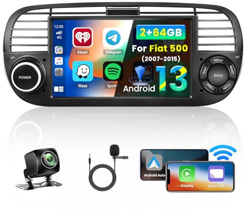 Inefala 2+64GB Android 15 Radio para Fiat 500 2007-2015, Radio con Pantalla Táctil de 7 Pulgadas con CarPlay Android Auto, Bluetooth, Mirror Link, WiFi, GPS, RDS FM, AHD Cámara Retrovisora (Negro)