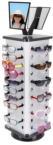 SOLOCJNL Supporto per occhiali da sole girevole, girevole a 360°, 44 pezzi, supporto per occhiali da sole con specchi per negozio, bancone, display commerciale