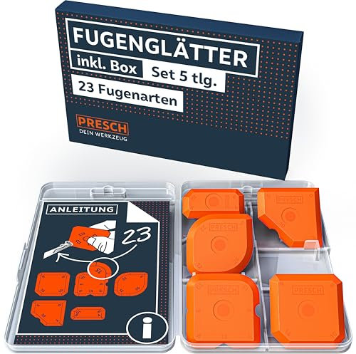 Presch Sealant Finishing Tool Set 5pcs. - Perfect Joints Thanks to Very Straight Edges - Special knobs for Easy Picking up - Ideal for sealants Like Acrylic and Silicone - Grout Sealer with Box