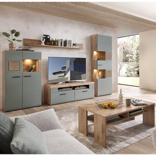 Lomadox Wohnwand Wohnmöbel Set Eiche mit Schilfgrün 5-teilig Modern, 1 Highboard, 1 Wandboard, 1 Lowboard, 1 Vitrine, 1 Couchtisch inkl. Beleuchtung