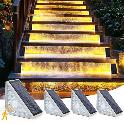 ZWOOS 4PC Luz Solar Exterior Jardin con Sensor de Movimiento, 3000K Luz Led Escaleras, Luces Solares Escalera Exterior - IP65 Impermeable iluminacion Exterior Solar para Pasarela Escaleras Camino