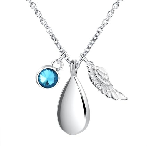 KnSam Asche Anhänger Kette zum Medaillon, Urnen Halskette für Asche mit Tropfen Träne Anhänger mit Geburtsstein Kristallanhänger Engel Flügel Gedenken für Damen, Silber - März