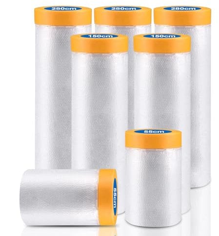 140m-7 Rouleaux Bache de Protection Peinture,Masking Master Avec Bâche De Protection En Plastique,3 Tailles de Film Avec Ruban,2.8x20M, 1.5x20M, 0.55x20M (140m/3Sizes)