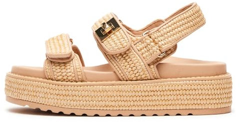 DOEYG Bast-Plateau-Sandalen für Damen, bequem, lässig, verstellbarer Schnallenriemen, Sommer, offener Zehenbereich, gewebte Slingback-Strandsandalen, Naturbast, 41 EU