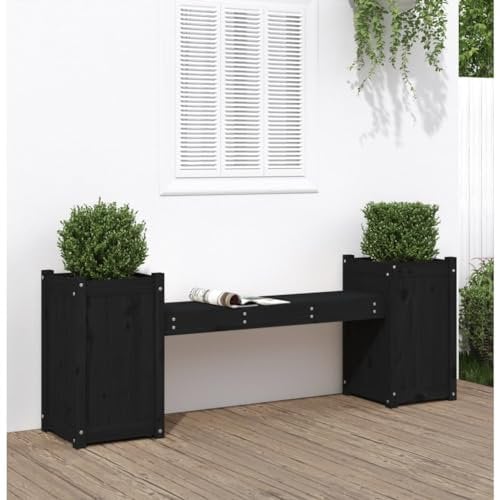 Homgoday Panchina da giardino con fioriere, panchina in legno massiccio, senza schienale, per giardino, balcone, terrazza, nero, 180 x 36 x 63 cm