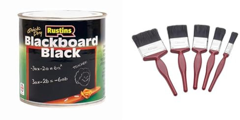 RUSTINS Blackboard Black Paint 250ml & Fit For The Job 5 pc Mixed Sizes Paint Brush Set for a Smooth Finish with Emulsion, Gloss, Satin on Walls, Ceilings