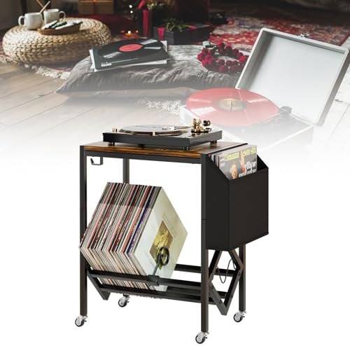 Soporte de almacenamiento de discos de vinilo sobre ruedas 2 Niveles Soporte para tocadiscos Estante de Almacenamiento de Discos para álbumes Mesa Auxiliar con Soporte para Discos,Hold Over 80 Records