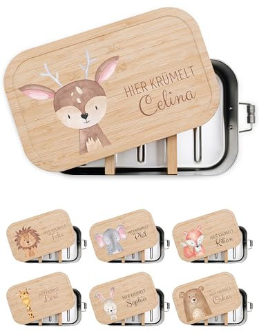 wunderwunsch® - Personalisierte Brotdose für Kinder - Robuste und Individuelle Edelstahl Brotdose mit Namen - Personalisierte Geschenke für Kinder (klein Edelstahl,Reh)