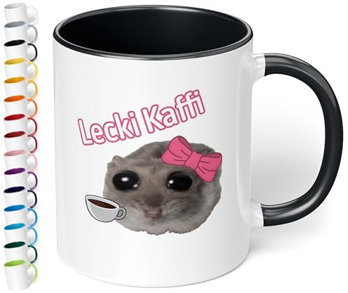True Statements Lustige Keramik-Tasse „Lecki Kaffi“ - 330ml Kaffeebecher - berühmter Hamsti Hamster - pelziger Freund sorgt für gute Laune (Schwarz)