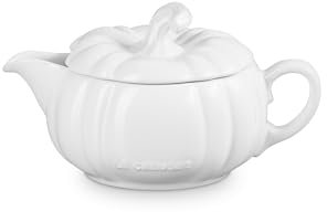Le Creuset Stoneware Pumpkin Gravy Boat with Lid, 14 oz., White