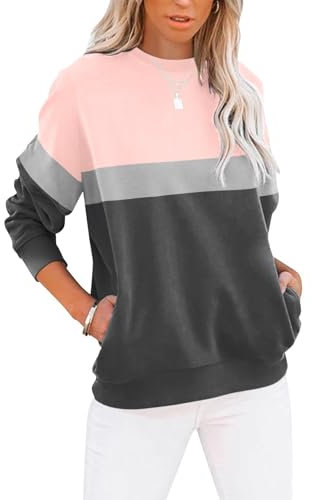 Cuptacc Sweatshirts für Damen Pullover Herbst Langarm Casual Oberteile Damen Farbblock Rundhalsausschnitt Tops Damen Rosa Grau Mittel M 38-40