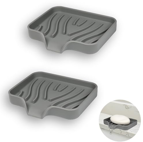 YoHyien 2 Pcs Silicone Soap Dish with Drainage, Anti-Slip Soap Holder, Self Draining Soap Tray for Shower, Bathroom & Kitchen, Keep Soap Dry & Easy Cleaning (Grey)