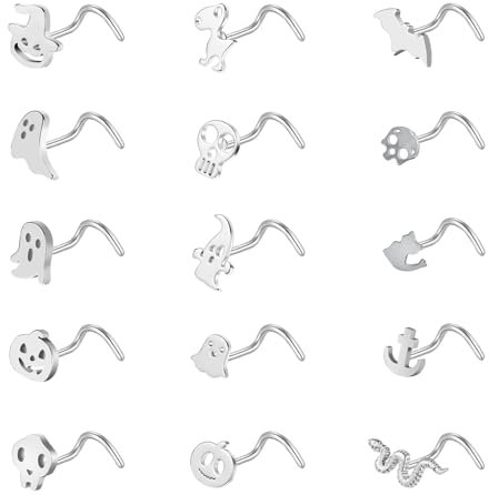 ZS 15Pcs Halloween Corkscrew Nose Rings Studs, 20G Stainless Steel Black Corkscrew Nose Stud, L-shaped Nose Rings Ghost Skull Bat Nose Piercing Jewelry for Women Men (Sliver,Corkscrew)