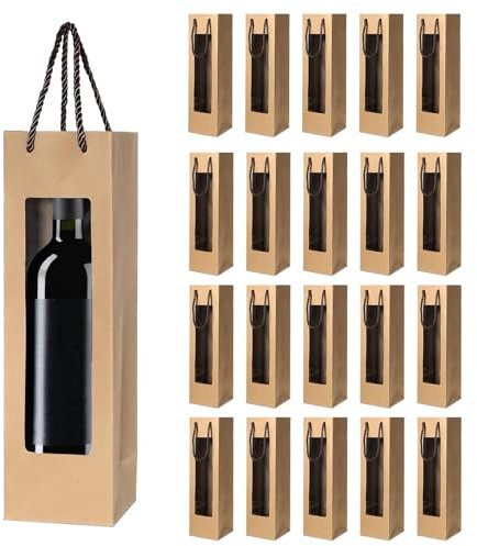 Wine Gift Bag With Clear Window and Handles - Reusable Flower Bottle Bag for Wedding, Christmas, Party Gifts (Brown)