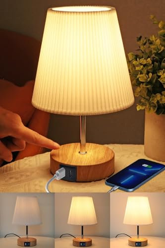 HSLighting Nachttischlampe Touch Dimmbar: Tischlampe mit Ladefunktion USB A+C Anschlüssen Steckdosen LED Birnen Lampenschirm aus Stoff Kleine Schreibtischlampe für Schlafzimmer Wohnzimmer 2 Stuck