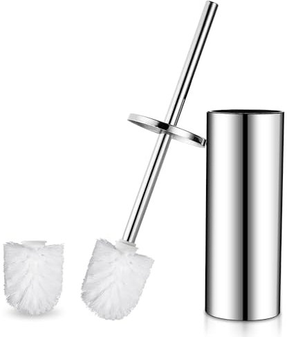 GERUIKE Escobillas de Baño Aceros Inoxidable en Suelo Escobilla WC con Soporte Escobilla - Escobillero Baño con 2 Cabezal de Cepillo para Inodoro Blanco y Portaescobillas Plata Cromo