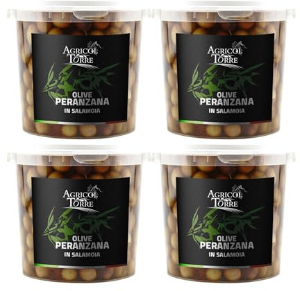 AGRICOLTORRE - Olive Nere Peranzana in Salamoia - Ideali per Insalate e per Arricchire i Tuoi Piatti - Made in Italy - 4 Confezioni da 1000 gr (4 Confezioni)
