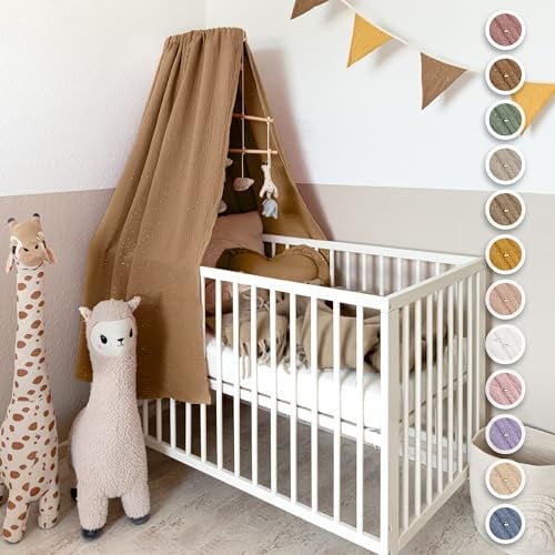 lilimaus Betthimmel Babybett mit Goldapplikationen [in 12 Farben] Himmel Babybett aus 100% Baumwolle Musselin - Betthimmel Mädchen & Jungen - Himmelbett Kinderzimmer & Babyzimmer Deko - Baby Bett