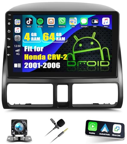 Slakerbe 4G+64G Android 13 Double Din Car Stereo Radio Compatible with Honda CRV-2 2001-2006,9 Inch Touch Screen Wireless Carplay/Android Auto GPS Navigation Bluetooth FM WiFi Mirror Link